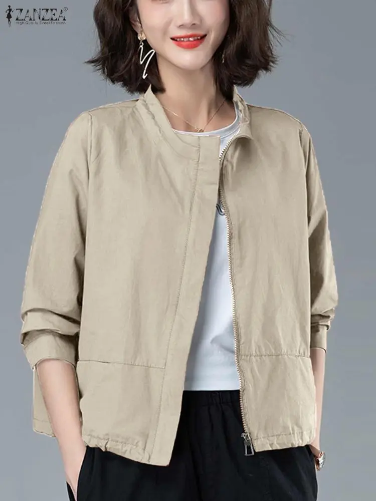 

ZANZEA Autumn Stand Collar Elegant Jackets Women Zipper Solid Fashion Coats Long Sleeve Pockets High Waist Casual OL Outercoats