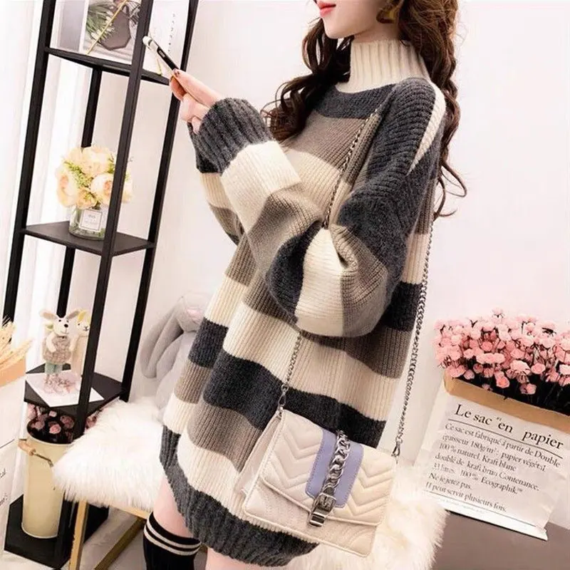 Female Clothing Half High Collar Jumpers Casual Loose Striped Spliced Korean All-match Straight Autumn Winter Knitted Sweaters