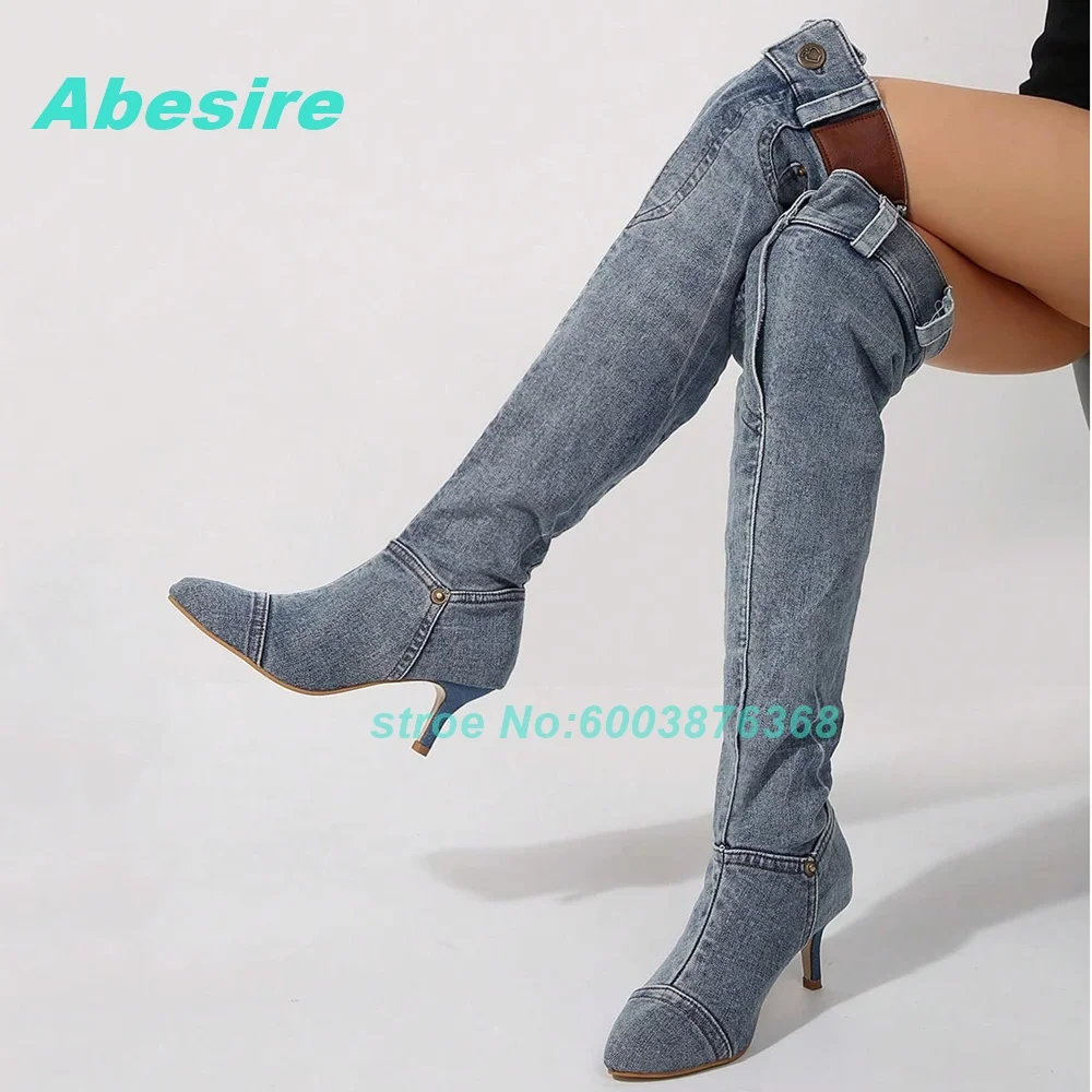 

Patchwork Solid Denim Over The Knee Boots Pointed Toe Thin Heels Pleated Stacked Shoes for Women Casual Concise Daily Shoes New