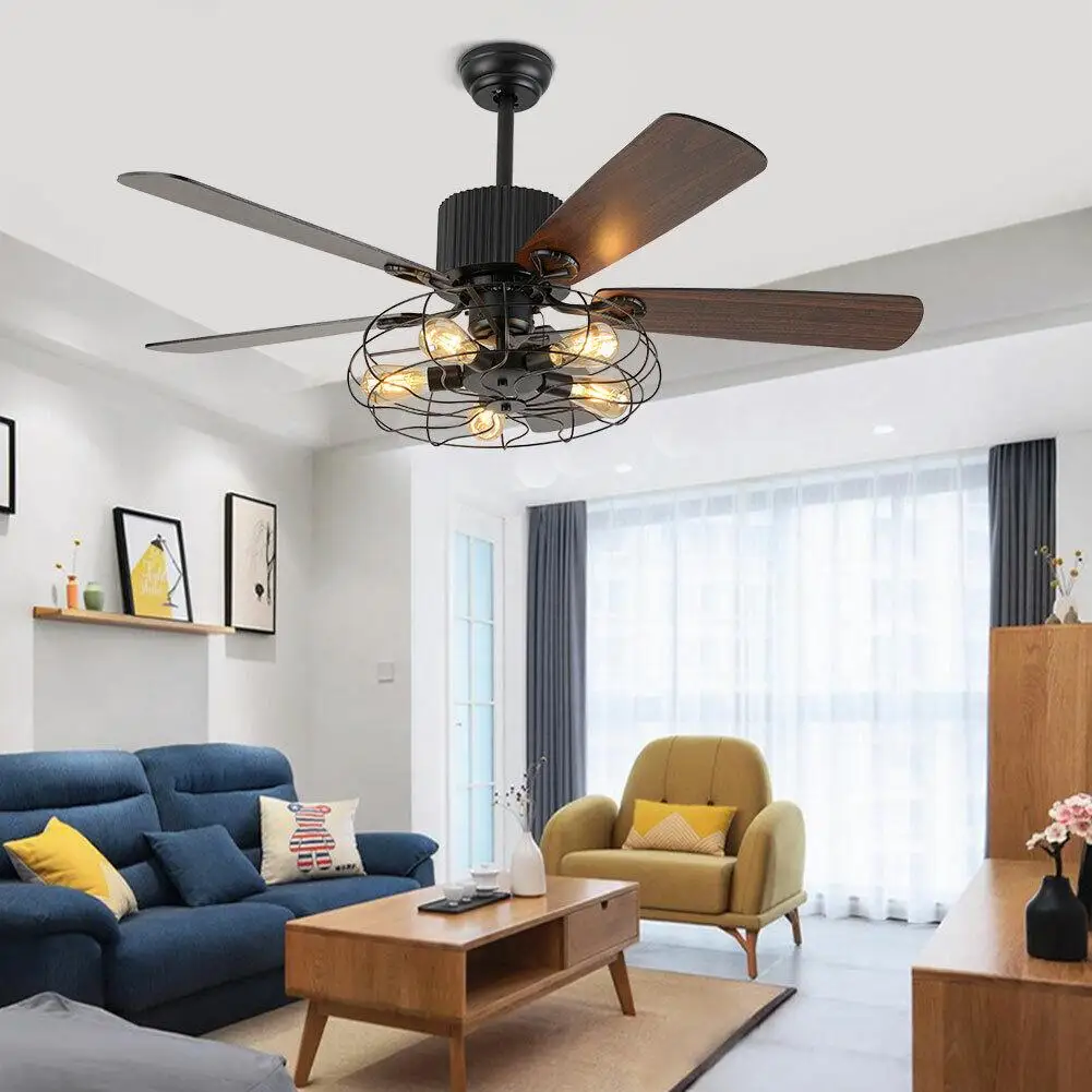 Cage Farmhouse Ceiling Fan with Light Electric Fan Smart Control Industrial Rustic Light Hand Folding Fan 52in