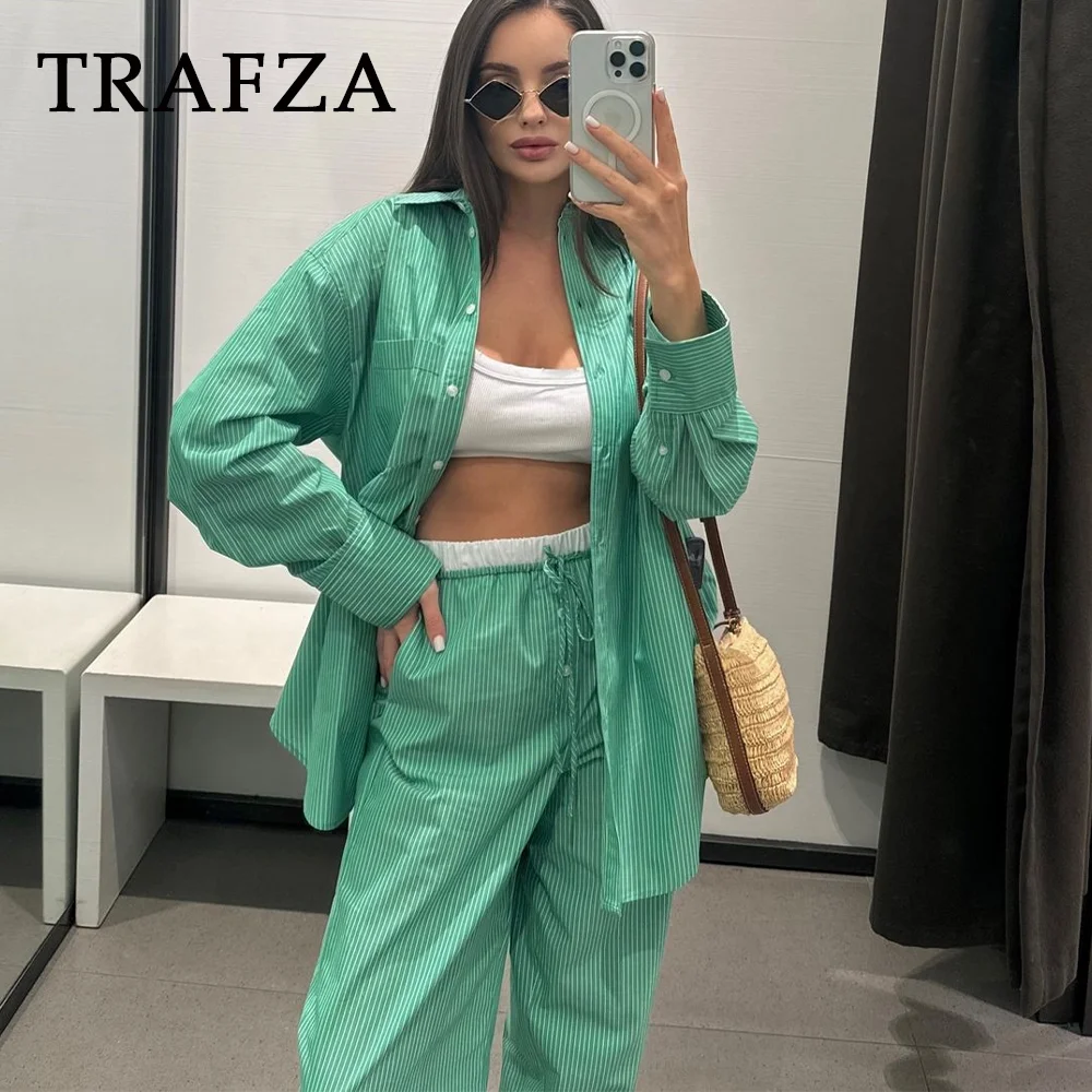 TRAFZA 2024 Spring Summer Casual Striped Women Suits Fashion Vintage Single Breasted Shirts+High Waist Drawstring Ladies Pants