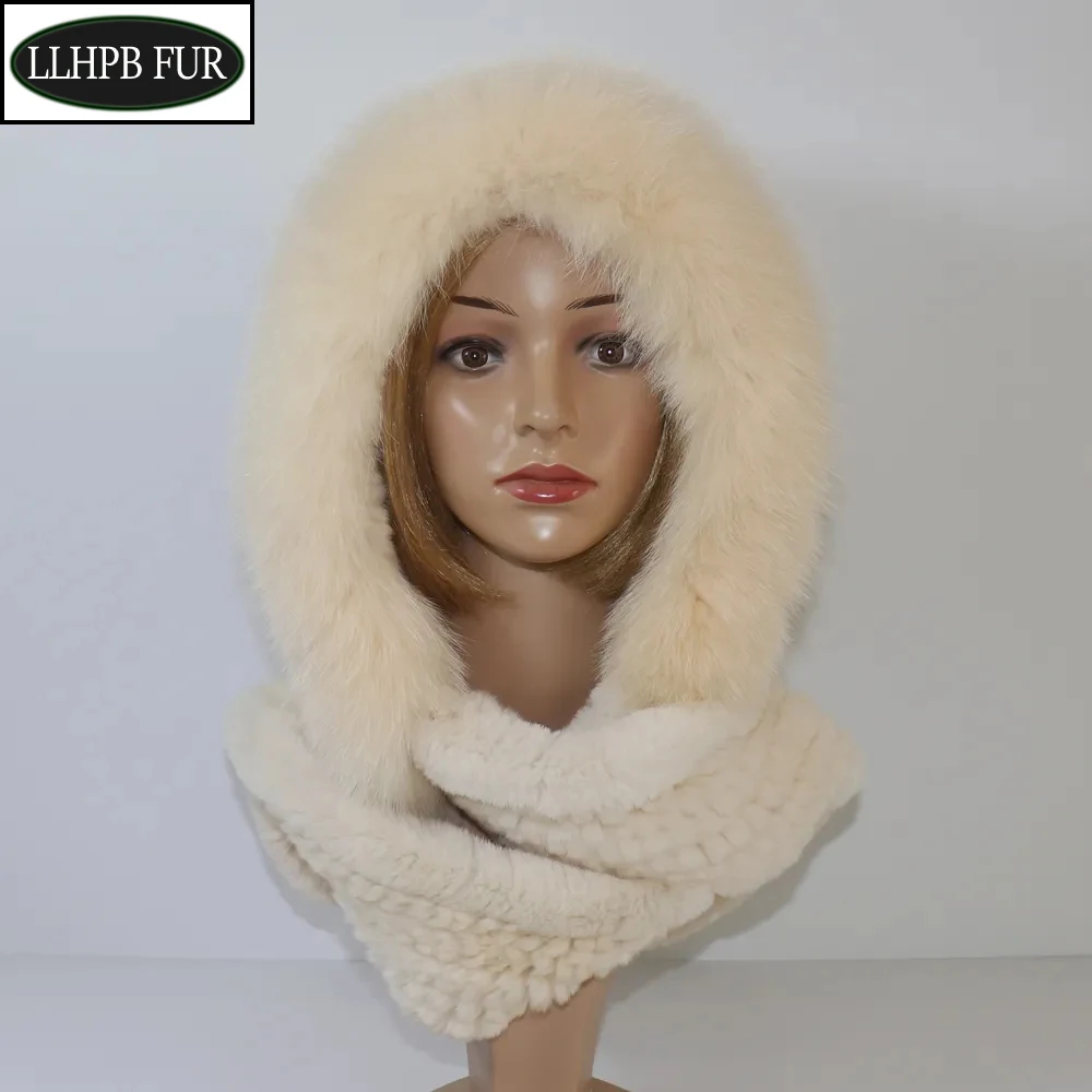 

New Winter Women Natural Fox Fur Hats&Scarves Lady Warm Fluffy Real Rex Rabbit Fur Hat&Scarf Luxury Knit Real Fur Hooded Scarfs