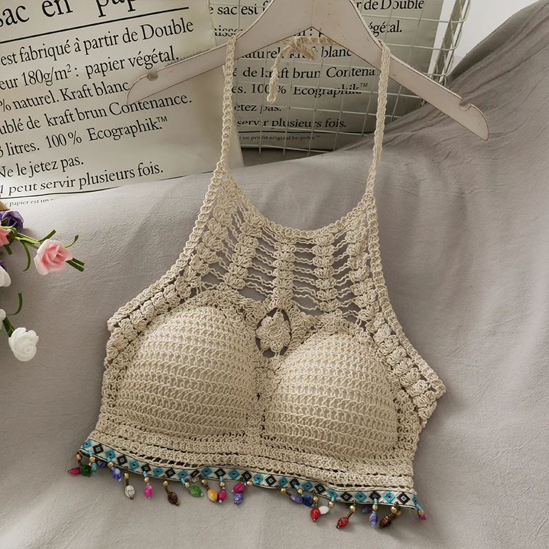 น่าเบื่อน้ำผึ้ง Retro Macrame จี้ Halter Hollow Out หลวมและสบายแขนยาว Sun-ป้องกัน All-Match กางเกงขาสั้น