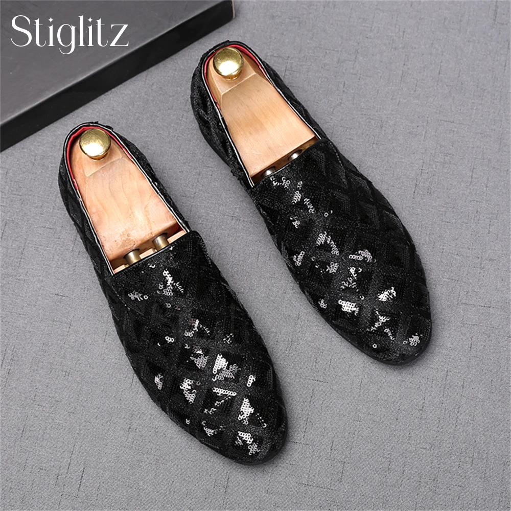 Shining Sequin Loafers for Men Fashion Designer Style Dress Shoes for Banquets Comfortable Slip-On Elegant Wedding Leather Shoes