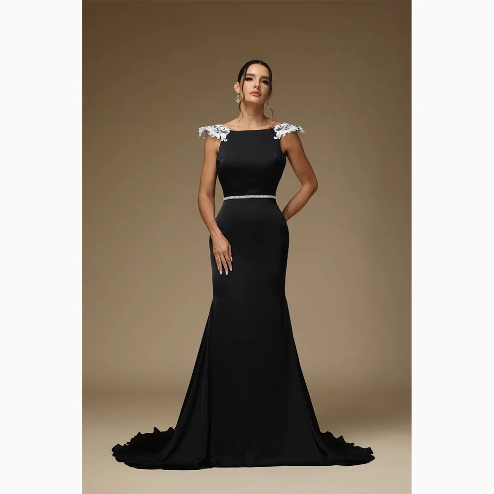

Черные вечерние платья с вырезом лодочкой длиной до пола, без рукавов, платье русалки для выпускного вечера, модное вечернее платье с кристаллами и поясом по индивидуальному заказу
