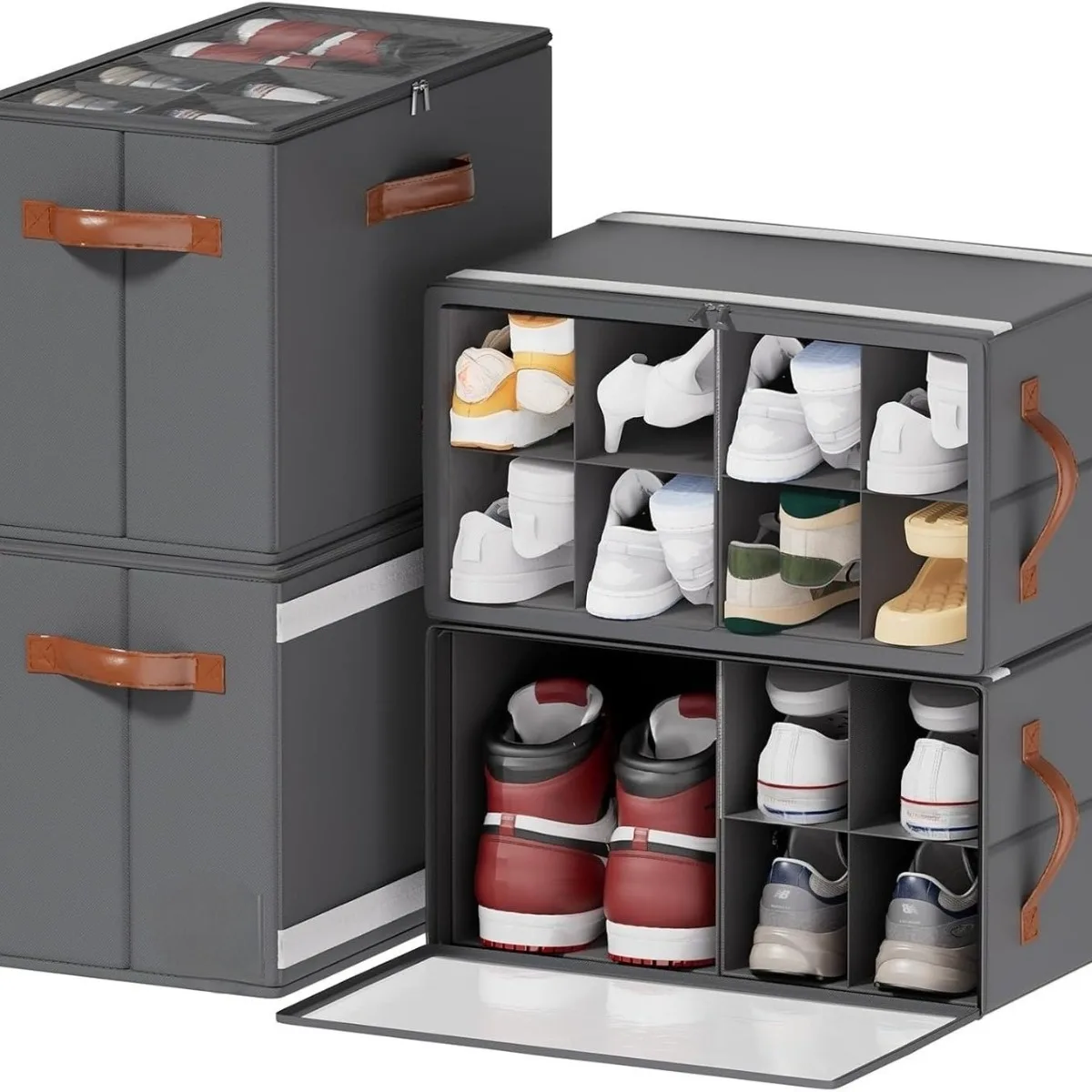 

2 Pack Shoe Organizer Closet Storage Box Foldable Fabric Bin Stackable Divider System Clear Lid Space Saving Fits 16 Pairs