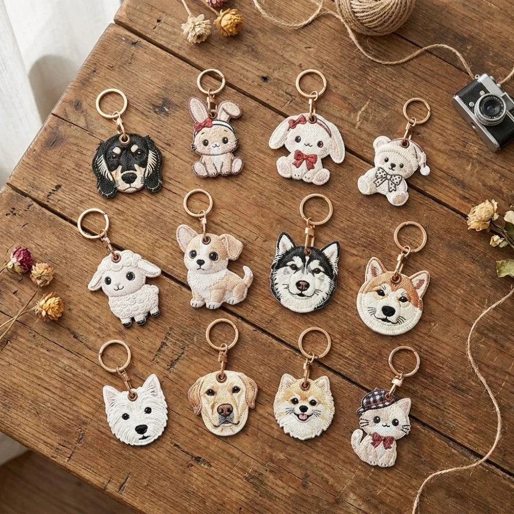 Corgi Husky PU Dog Keychain Sheep Hanging Ornament Puppy Pendant Cat Bear Rabbit Imitation Embroidery Bag Charms Handbag Pendant