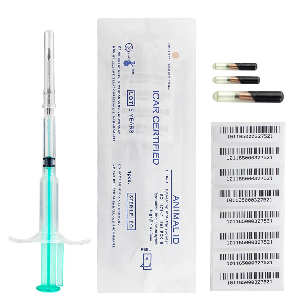 1pcs 134.2KHz Reusable Animal ID Chip Syringe + 100pcs 15-bit Glass Microchips FDX-B ISO11784/85 Eco-friendly for Dog Cat