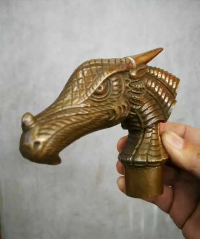 

Old Bronze Hand Carved Birds Dragon Statue Cane Walking Stick Head