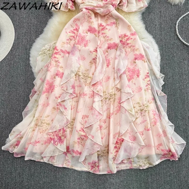 Süße Leibchen Kleider für Frauen Rüschen Patchwork Femme Robe Chiffon Slash Neck Vestidos Casual Print Damen kleid für den Urlaub