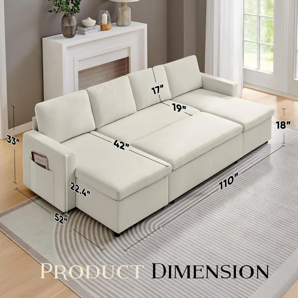 Sleeper Sofa Bed, 110 inch Oversize - 2 in 1 Pull-Out Convertible Sofa Bed, Lounge Soft Futon Sofa with Storage Chaise