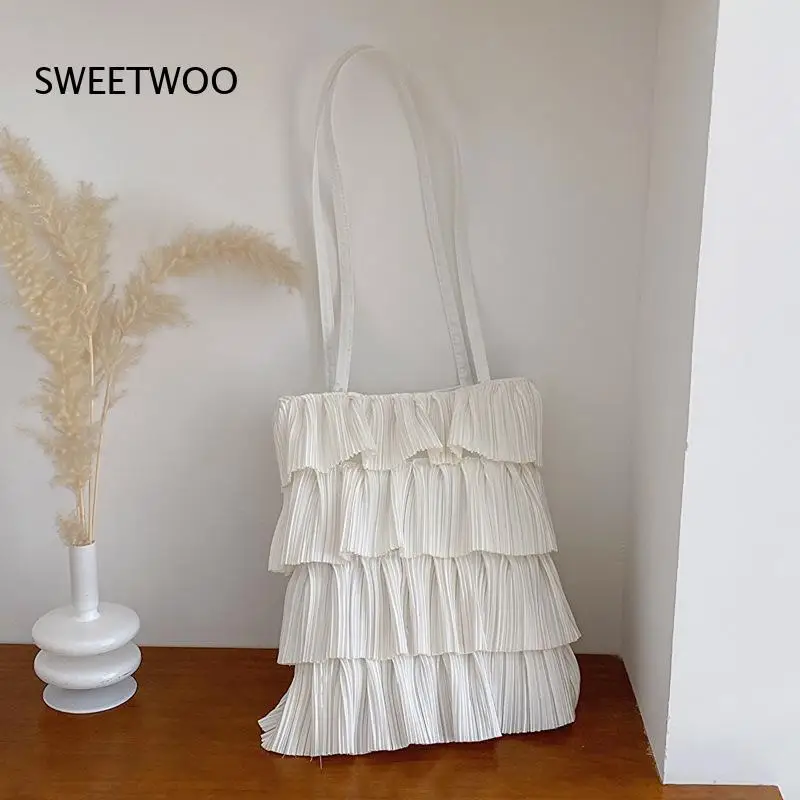 

Korean Sweet Tiered Ruffle Pleated Shopper Bag Lightweight Chiffon Fabric Minimalist Large Capacity Summer Shoulder Purse