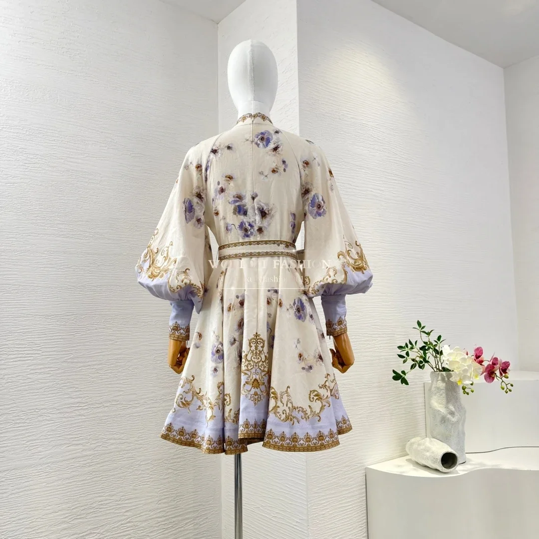 Mini-Vintage-Kleider für Damen mit vollem Laternenärmeln und Gürtel und Blumendruck