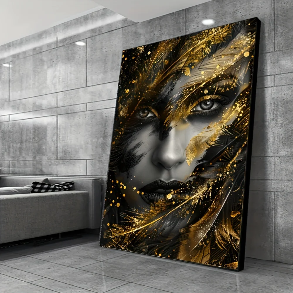 Modern Abstract Golden Feather & Black Woman Canvas Art,  - Frameless Wall Decor for Living Room and Bedroom