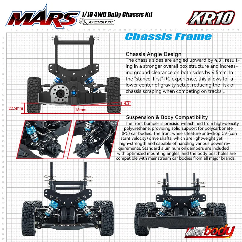 Killerbody MARS 1/10 KR10 4WD Kit de Chassi de Rally Universal com