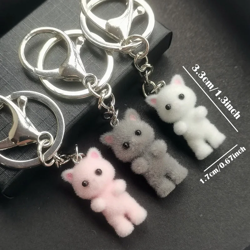 Cute Anime Cat Key Ring with Lobster Clasp, Fluffy Keychain, Gray, White, Pink, Cat Charm for Women\'s Bag, Car Keys Holder