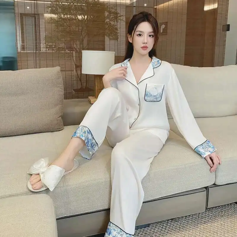New High Quality Ice Silk Pajamas Women Spring And Autumn Print Long Sleeve Two-piece Casual Breathable Soft Thin Pyjamas Sets
