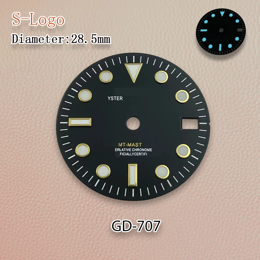 28.5mm S Logo Black GMT NH34 Dial Silvery Index Movement Ice Blue Luminous High Quality Watch Modification Accessories Repair