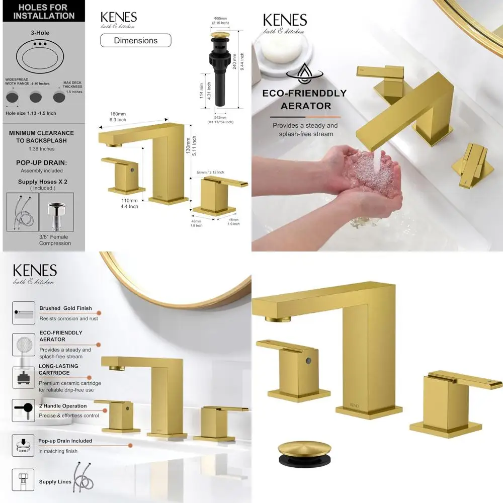 

3-Hole Brushed Gold Bathroom Sink Faucet with 8-Inch Centers, 2-Handle Vanity Fixture, Pop-Up Drain and Supply Lines Included, K