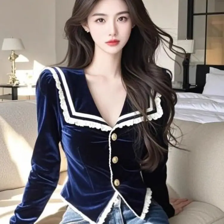 

Elegant Sweet Sailor Collar Blue Velvet Blouses Spring Autumn New Slim Fit Shirts Women Y2k Slim Fit Long Sleeve Blusas Mujer