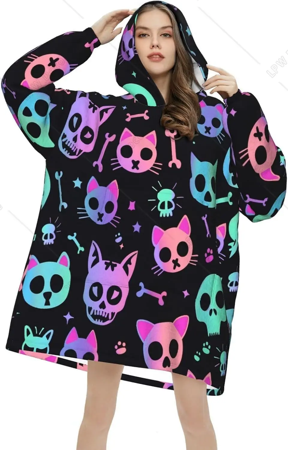 Cat Skulls Bones Wearable Blanket Hoodie Oversized Sweatshirt Blanket Cozy Warm Sherpa Hooded Blanket With Pocket