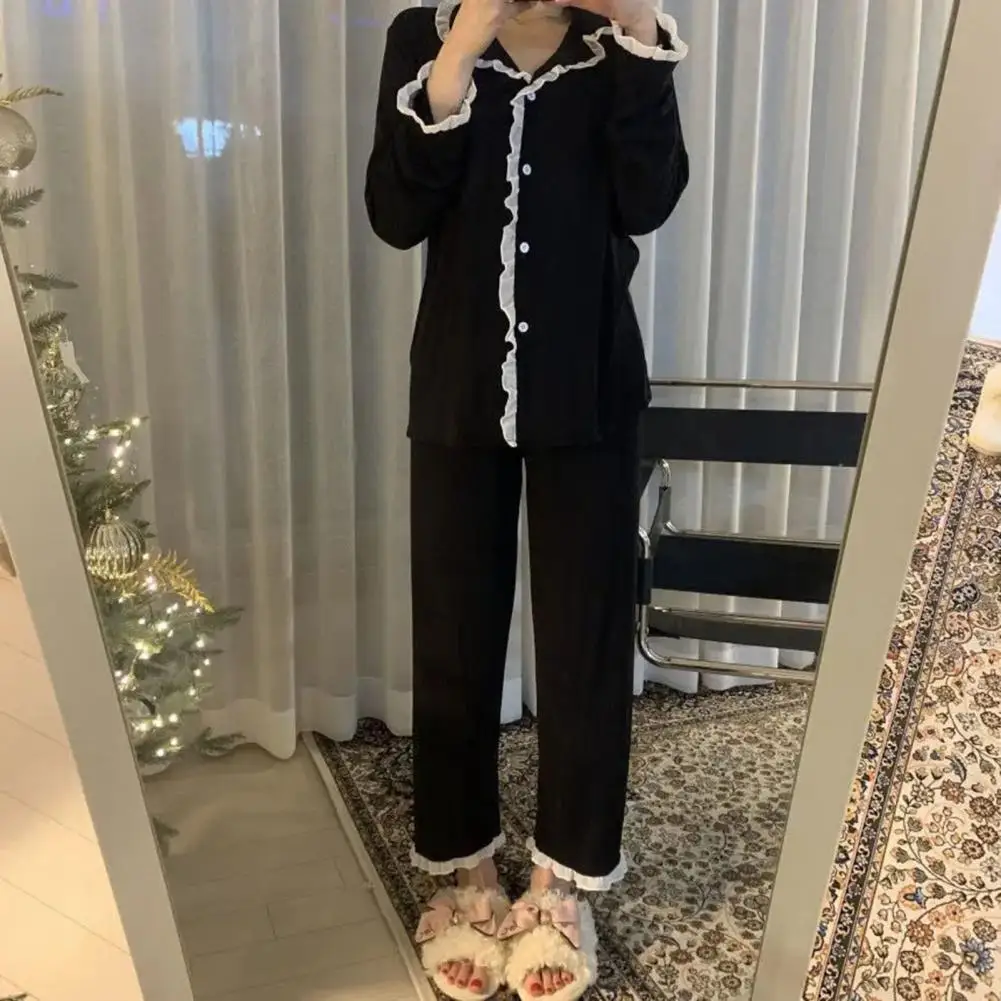 2 Pcs/Set Fall Winter Women Pajamas Suit Ruffle Turn-down Collar Cardigan Top Wide Leg Pants Sleepwear Casual Home Wear Clothes