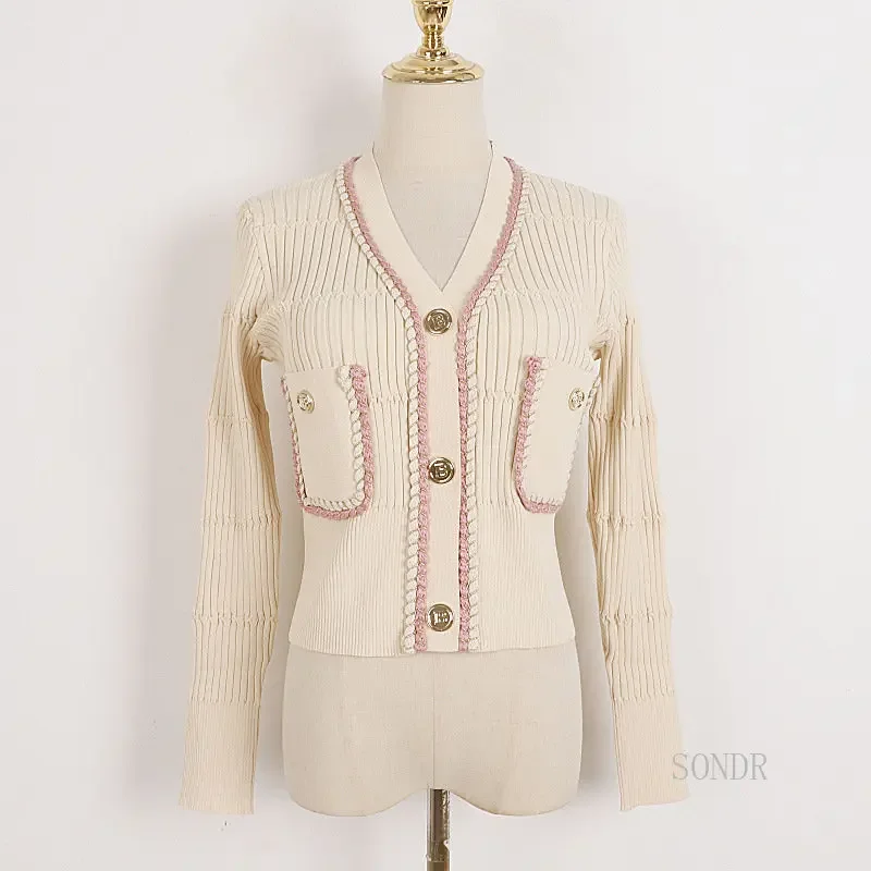 Runway-Pink Cropped Cardigan Women Luxury Cropped Cardigan 2024 V Neck Single Breasted Short Sweater Coat