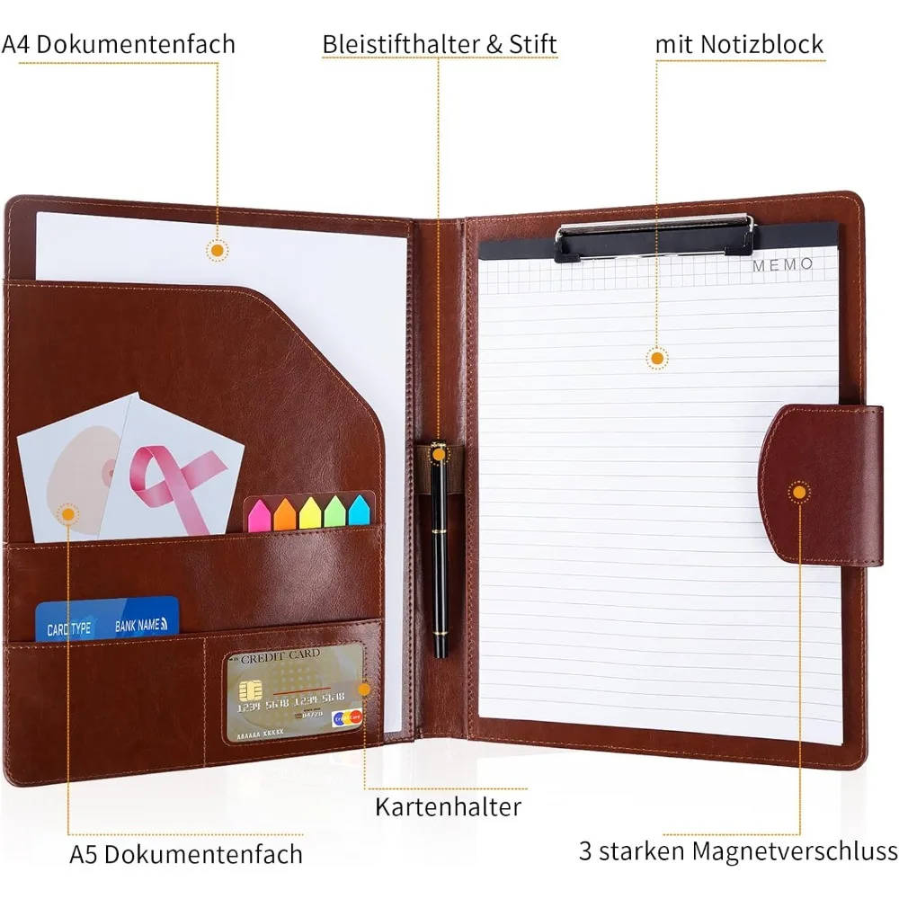 حافظة من جلد البولي يوريثان، حافظة تخزين مجلدات جلدية مقاس A4 مع غطاء إغلاق مغناطيسي، مجلد استئناف الأعمال مع Pe فاخر
