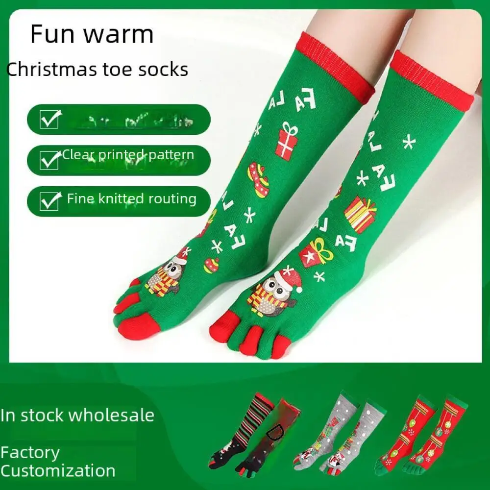 Socks Five Finger Ladies Lengthy Tube Cartoon Design Combed Cotton Toe Warm Sweat Absorbing Cross Border Christmas Hosiery