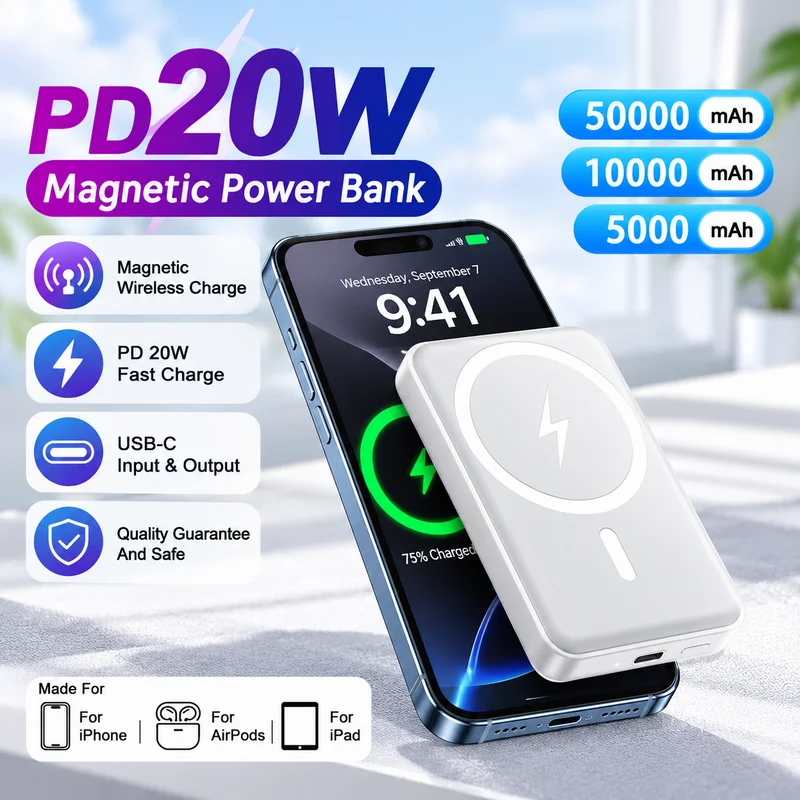 50000mAh Magnetic Fast Charging Power Bank, Portable Charger For iPhone 12-17 Smartphones, Compact Design for Travel Use