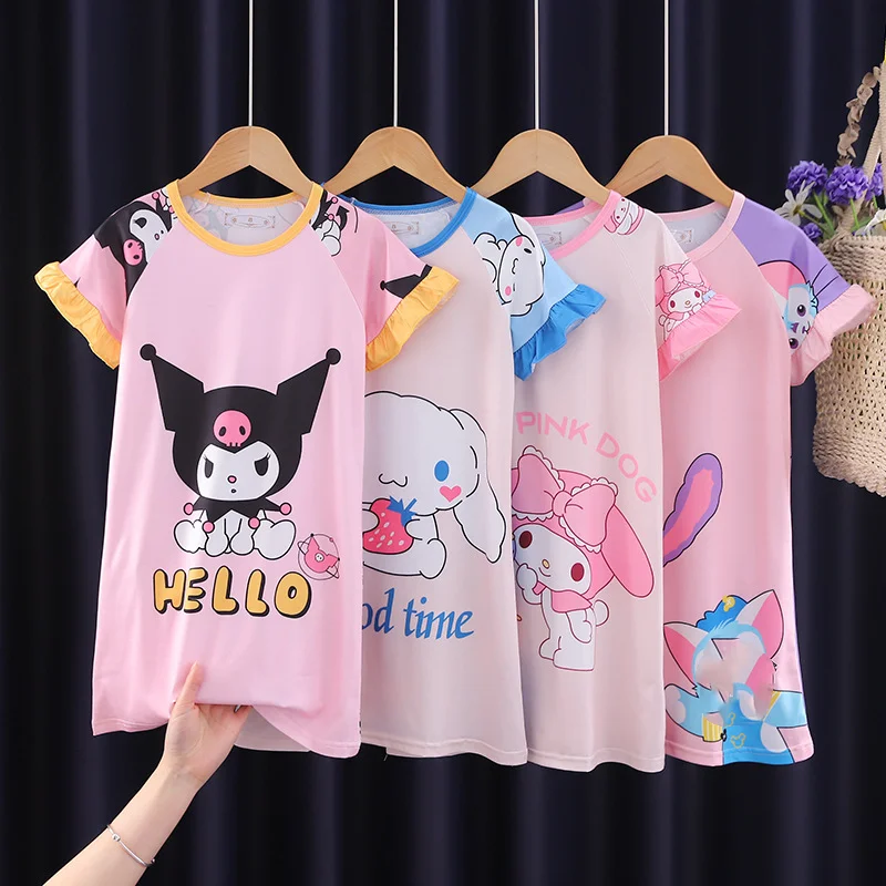 

Kawaii Sanrios Kids Nightdress Cute Anime MyMelody Kuromi Cinnamoroll Cartoon Pajamas Summer Short Sleeve Dress Homewear Gift