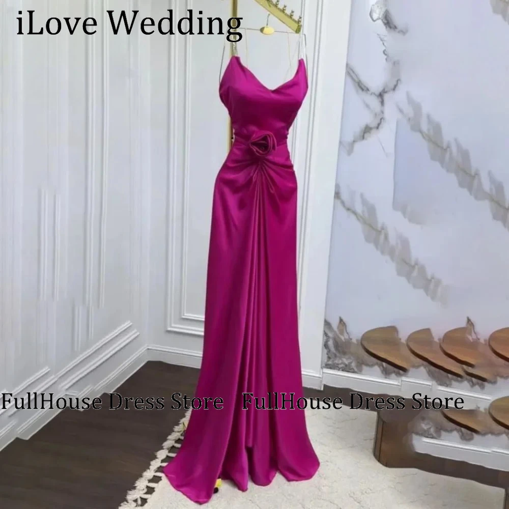 

Simple Fuchsia Flowers Evening Dress Off Shoulder فساتين السهرة with Pleats Sleeveless Floor Length Party Dress Customized