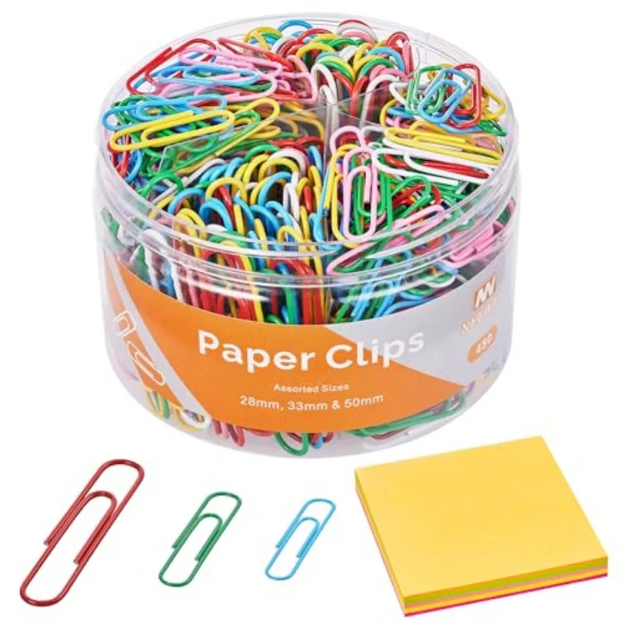 

450pcs Paper Clips Assorted Sizes with 100 Sheets Sticky Notes Set, Colored Paperclips for Office Document Organizing