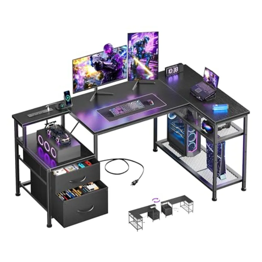 49 Inch L Shaped Gaming Desk with Power Outlets, Black for Gaming Setup, Steel Frame, Sleek Black Finish, Cable Management Spac