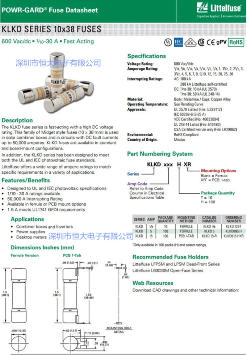 New Original Littelfuse Fuse KLKD 1A~30A KLKD 2A KLKD10A KLKD12A KLKD15A KLKD 20A KLKD25A KLKD 30A 600V 10*38mm Fast Acting FUSE