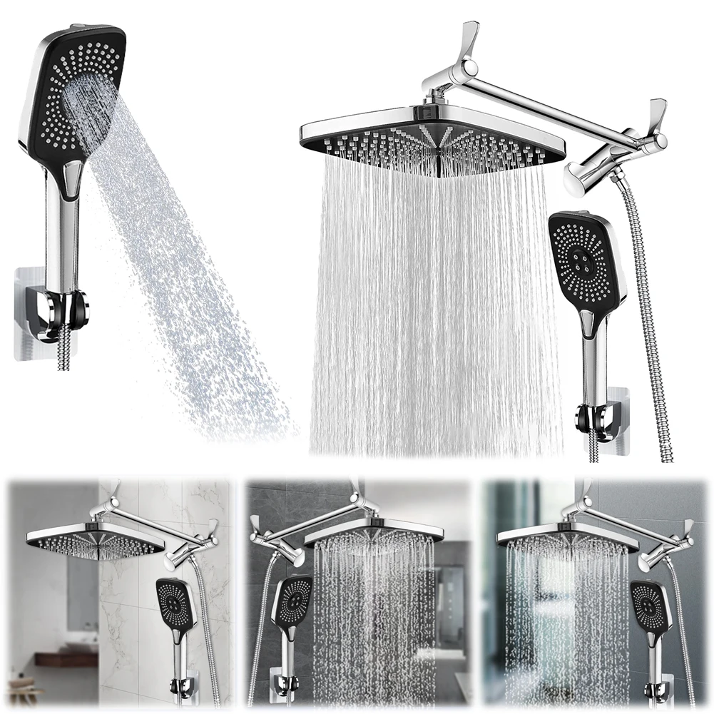 

12 Inch Pressurized Shower Head 3+1 Settings Rain Shower System Height/Angle Adjustable In Wall Shower System with Extension Arm