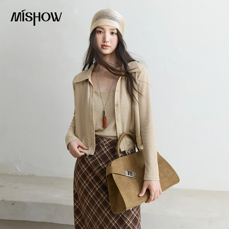 MISHOW Korean Two Piece Outfit 2026 Autumn Lapel Knit Cardigan Lace Fringe Hem Solid Sleeveless Cami Top Casual Set MXF43T3144
