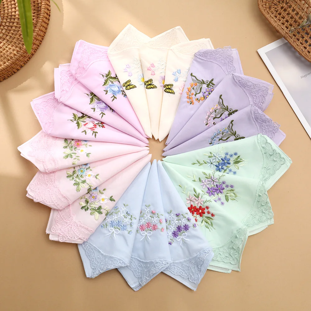 Pure Cotton Breathable Women's Embroidered Soft Handkerchief Old-fashioned Nostalgic Thin Lace Edge Elegant 28 * 28cm