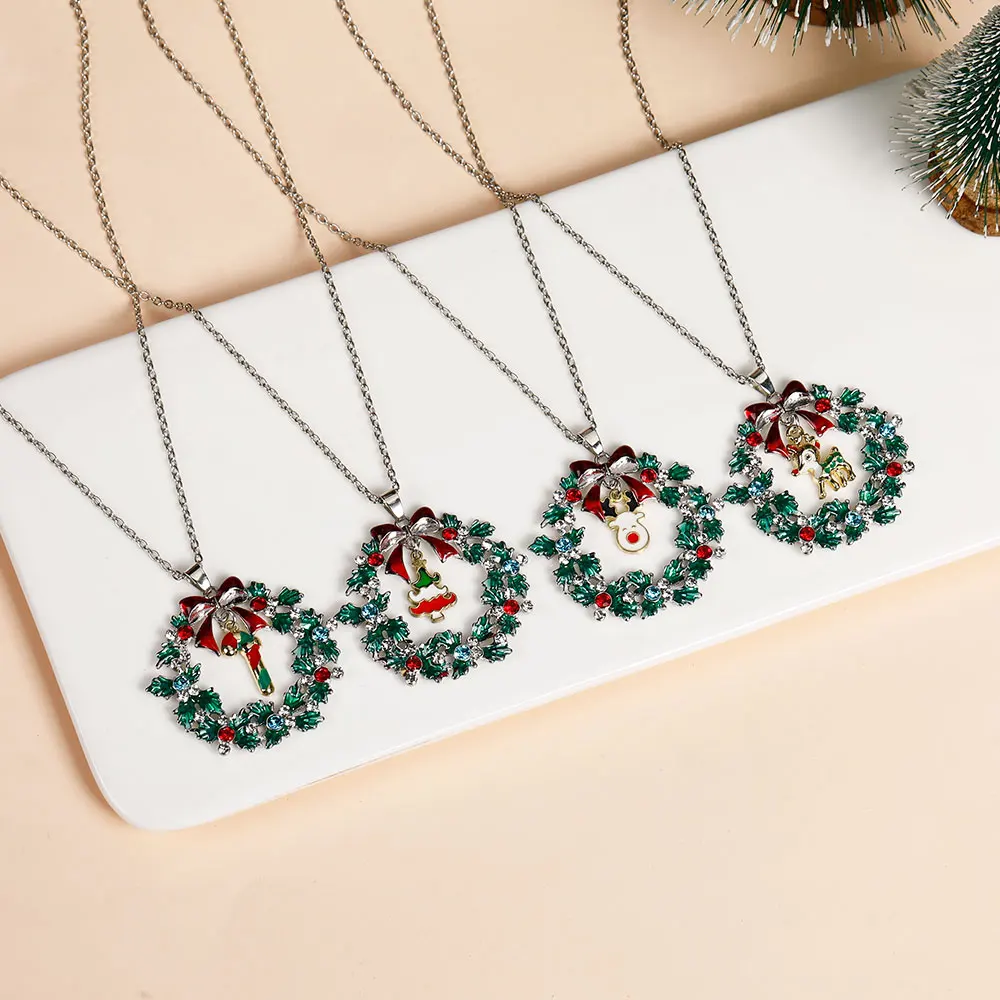 Crystal Wreath With Christmas Candy Canes Santa Claus Bell Reindeer Tree Snowman Snowflake Charms Pendant Necklace Xmas gift