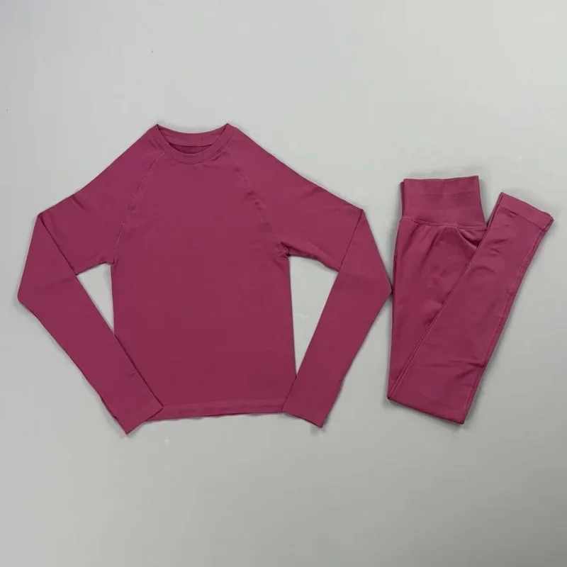 2-teiliges Gym-Set für Damen: Rundhals-Shirt mit Daumenlöchern, Langarm, Slim Crop Shirt, Scrunch Butt Leggings, Dehnbarer Weicher Yoga-Pilates-Anzug – Detail 14