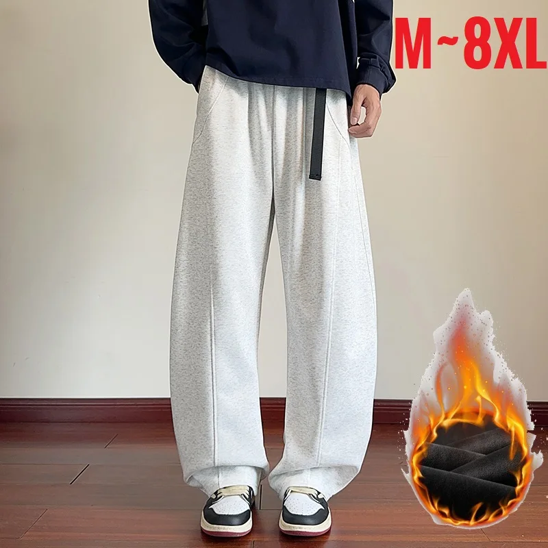 

Мужские зимние брюки больших размеров 8XL, на флисовой подкладке, прямые, с изгибом, теплые, свободные, модные, с эластичным поясом, большие размеры
