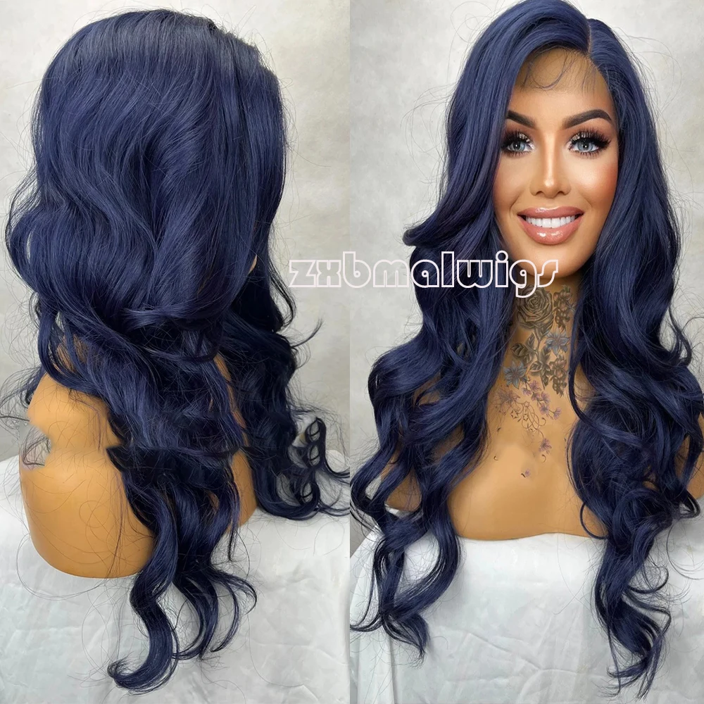 ZXBMALWIGS Dark Blue Color Cosplay Synthetic Hair 13X4 Lace Front Wigs Loose Wave  Heat Fiber Long Wave Wig for Women Party Wear