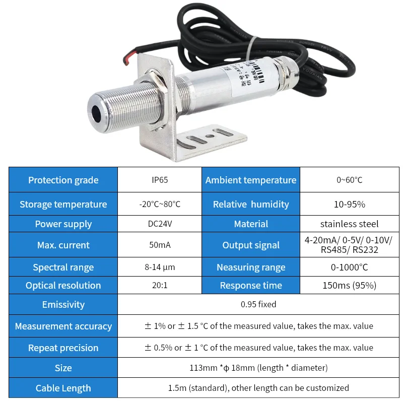 Online infrared thermometer temperature sensor 4-20mA 0-5V RS485 Out non-contact industrial temperature measurement transmitter