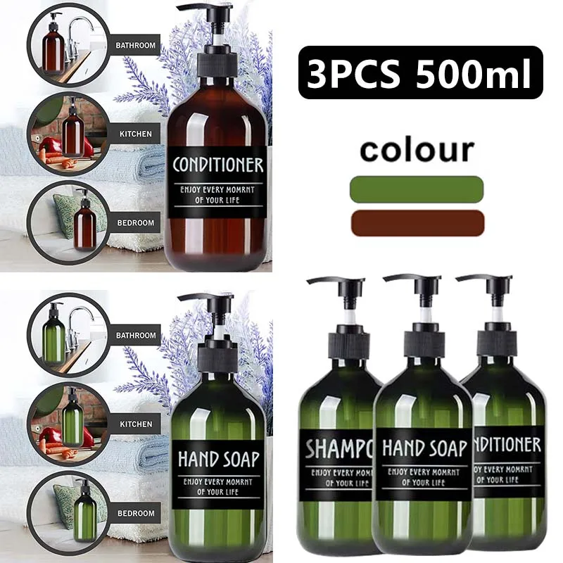 16 Oz Shower Soap Dispensers 3 Pack Green Amber PET Plastic Bottles With 6 Labels For Shampoo Conditioner Body Wash Hand Soap