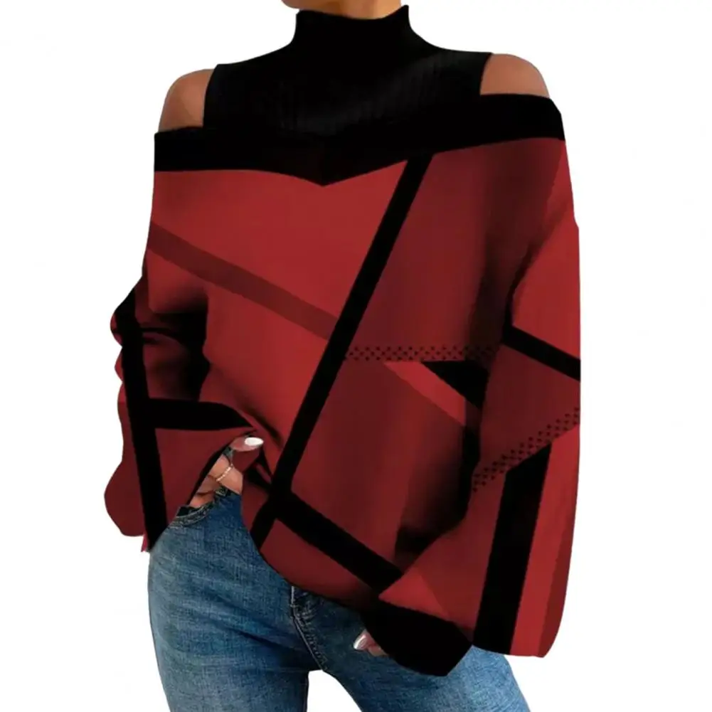 Women Fall Spring Top Hollow Out Shoulder Color Matching Geometric Print Long Sleeves Loose High Collar Pullover Length T-shirt