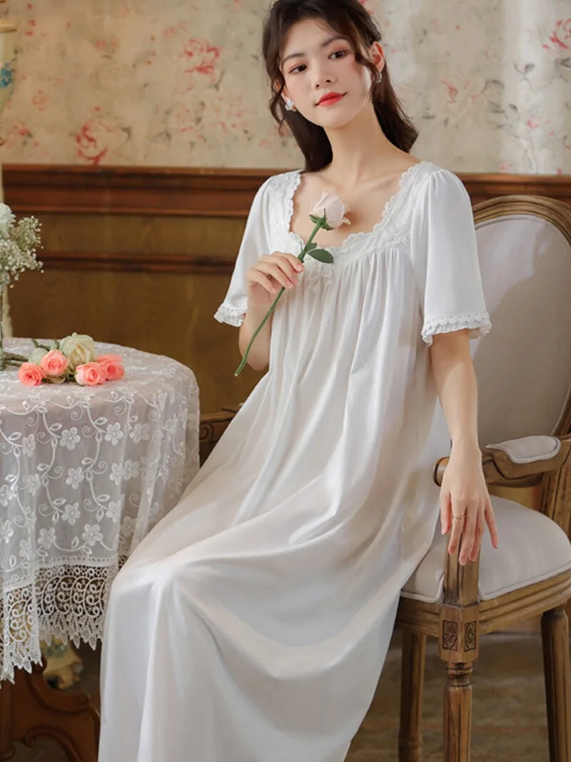 

Princ Sle Long Lace Spwear Pure Cotton Loose Summer Nightgown Knee-Length White Sp Dr for Women ort Sve