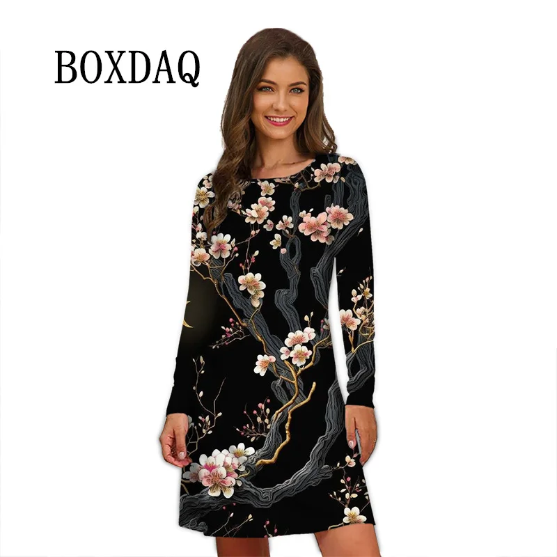 2024 New Casual Daily Dress Women Floral Print O-Neck Loose Mini Dresses Autumn Streetwear Female Long Sleeve Dress Vestidos