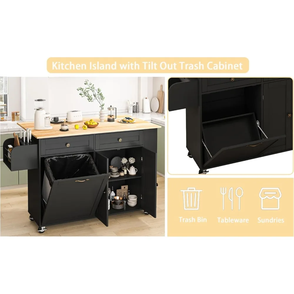 Тележка для кухонного острова с откидным листом, хранилищем, наклонным мусорным баком и держателем для ножей — универсальный стол на колесиках для эффективного приготовления пищи
