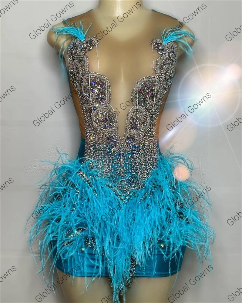 Luxury Beaded Black Girls Birthday Party Gowns Blue Feather Short Prom Dresses 2024 Mini Cocktail Homecoming Customized