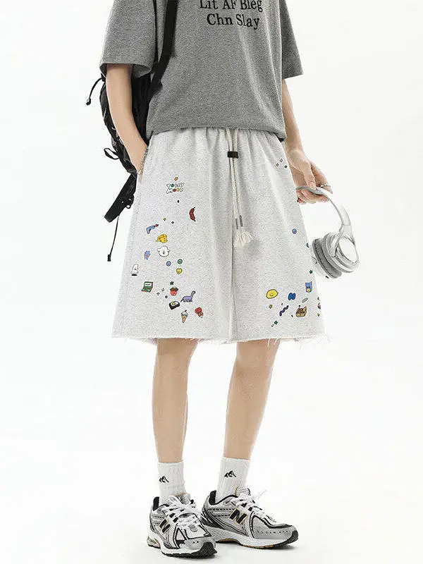 

Мужские летние шорты с мультяшным принтом, модный дизайн, свободные, прямые, в американском стиле, повседневные, молодежные, спортивные, из полиэстера.